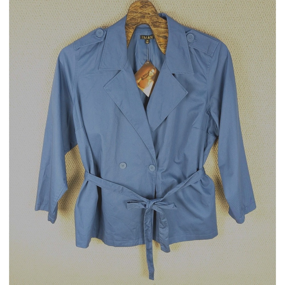 IMAN Global Belted Short Trench Jacket 3X Blue Button Lined Lightweight Chic
